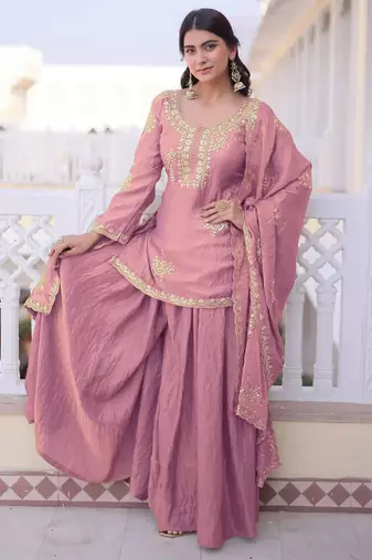Pink color stylish fendy  fabric designer ready kurta set for girls