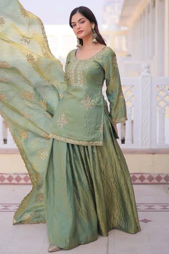 Pista color stylish fendy  fabric designer ready kurta set for girls