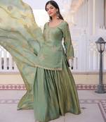Pista color stylish fendy  fabric designer ready kurta set for girls