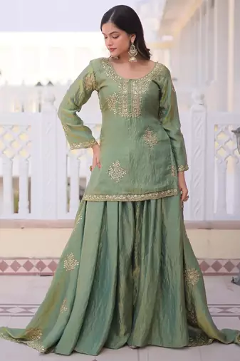 Pista color stylish fendy  fabric designer ready kurta set for girls