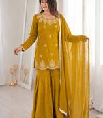 Mustard color stylish fendy  fabric designer ready kurta set for girls