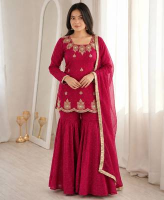 Pink color stylish fendy  fabric designer ready kurta set for girls 1