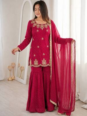 Pink color stylish fendy  fabric designer ready kurta set for girls 3