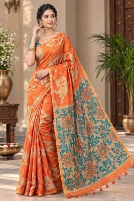 cotton blend saree with elegant printed design for festive & casual wear 1
