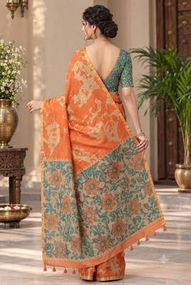 cotton blend saree with elegant printed design for festive & casual wear 2