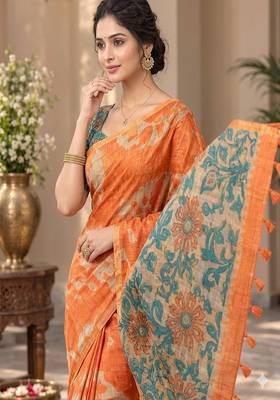 cotton blend saree with elegant printed design for festive & casual wear 3
