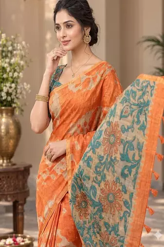 cotton blend saree with elegant printed design for festive & casual wear
