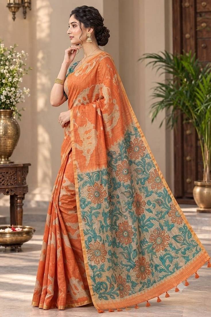 cotton blend saree with elegant printed design for festive & casual wear