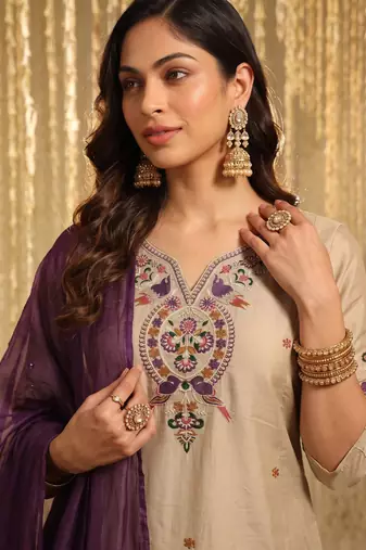 Beige color stylish chanderi fabric designer ready kurta set for girls