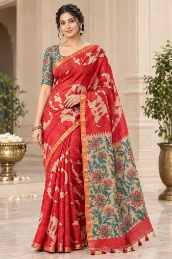 cotton blend saree with elegant printed design for festive & casual wear
