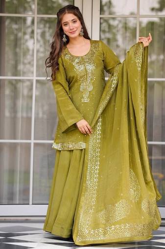 Olive color stylish chinon fabric designer ready kurta set for girls