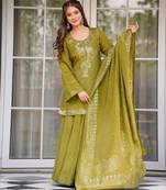 Olive color stylish chinon fabric designer ready kurta set for girls