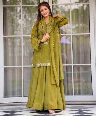 Olive color stylish chinon fabric designer ready kurta set for girls 4