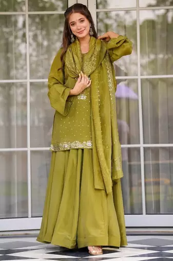 Olive color stylish chinon fabric designer ready kurta set for girls