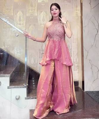 Pink color stylish fendy  fabric designer ready kurta set for girls 1
