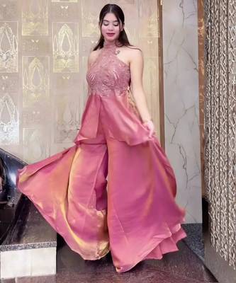 Pink color stylish fendy  fabric designer ready kurta set for girls 3