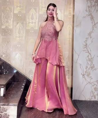 Pink color stylish fendy  fabric designer ready kurta set for girls 4