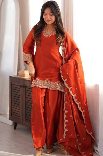 Orange color stylish fendy  fabric designer ready kurta set for girls
