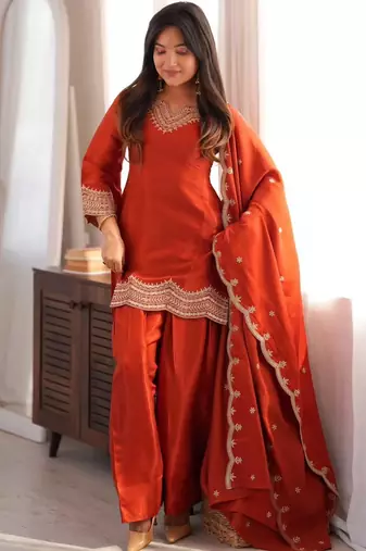 Orange color stylish fendy  fabric designer ready kurta set for girls