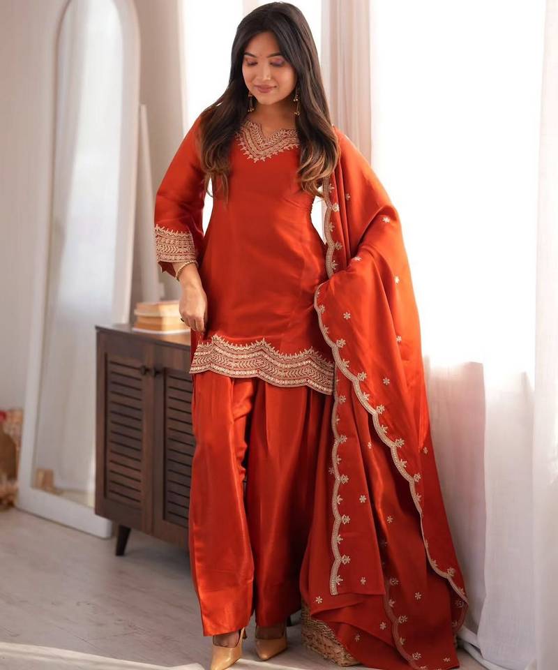 Orange color stylish fendy  fabric designer ready kurta set for girls
