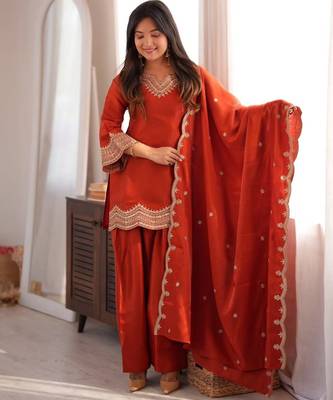 Orange color stylish fendy  fabric designer ready kurta set for girls 2