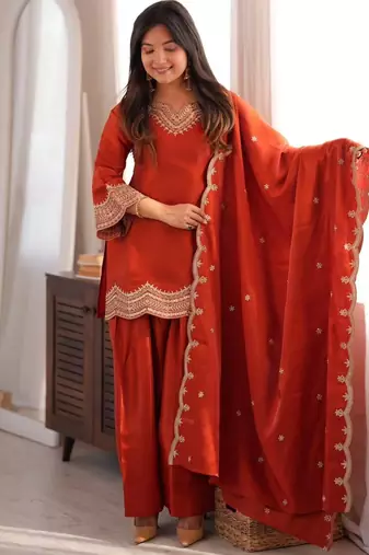 Orange color stylish fendy  fabric designer ready kurta set for girls