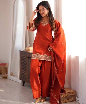 Orange color stylish fendy  fabric designer ready kurta set for girls 3