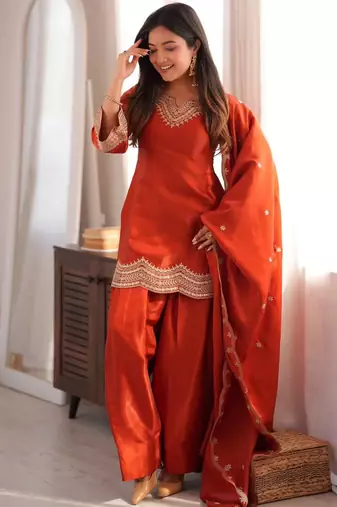 Orange color stylish fendy  fabric designer ready kurta set for girls