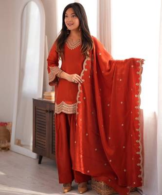 Orange color stylish fendy  fabric designer ready kurta set for girls 4