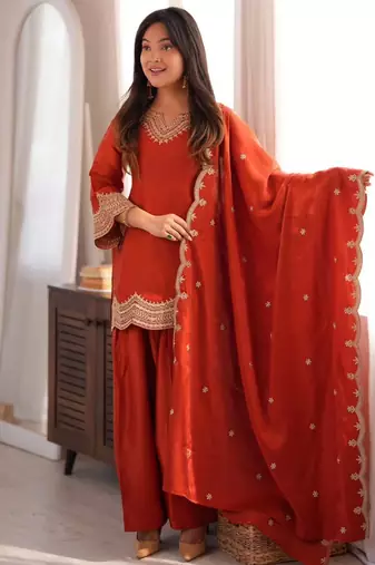 Orange color stylish fendy  fabric designer ready kurta set for girls