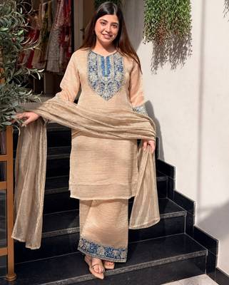 Cream color stylish crunchy fabric designer ready kurta set for girls 1