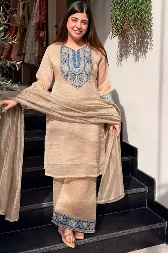Cream color stylish crunchy fabric designer ready kurta set for girls