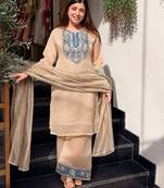 Cream color stylish crunchy fabric designer ready kurta set for girls