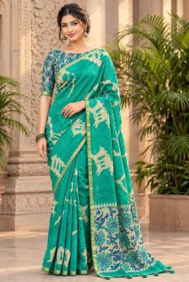cotton blend saree with elegant printed design for festive & casual wear 1