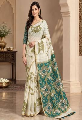 cotton blend saree with elegant printed design for festive & casual wear 1