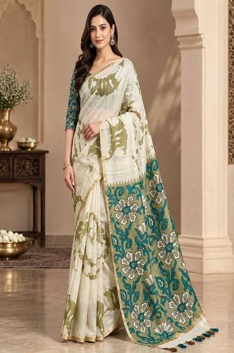 cotton blend saree with elegant printed design for festive & casual wear