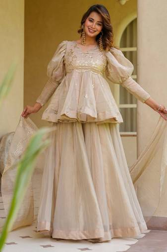 Cream color stylish crunchy fabric designer ready kurta set for girls