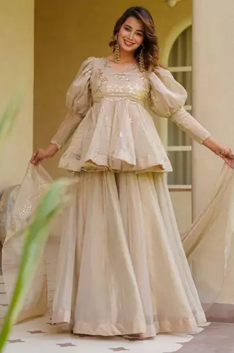Cream color stylish crunchy fabric designer ready kurta set for girls