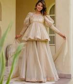 Cream color stylish crunchy fabric designer ready kurta set for girls