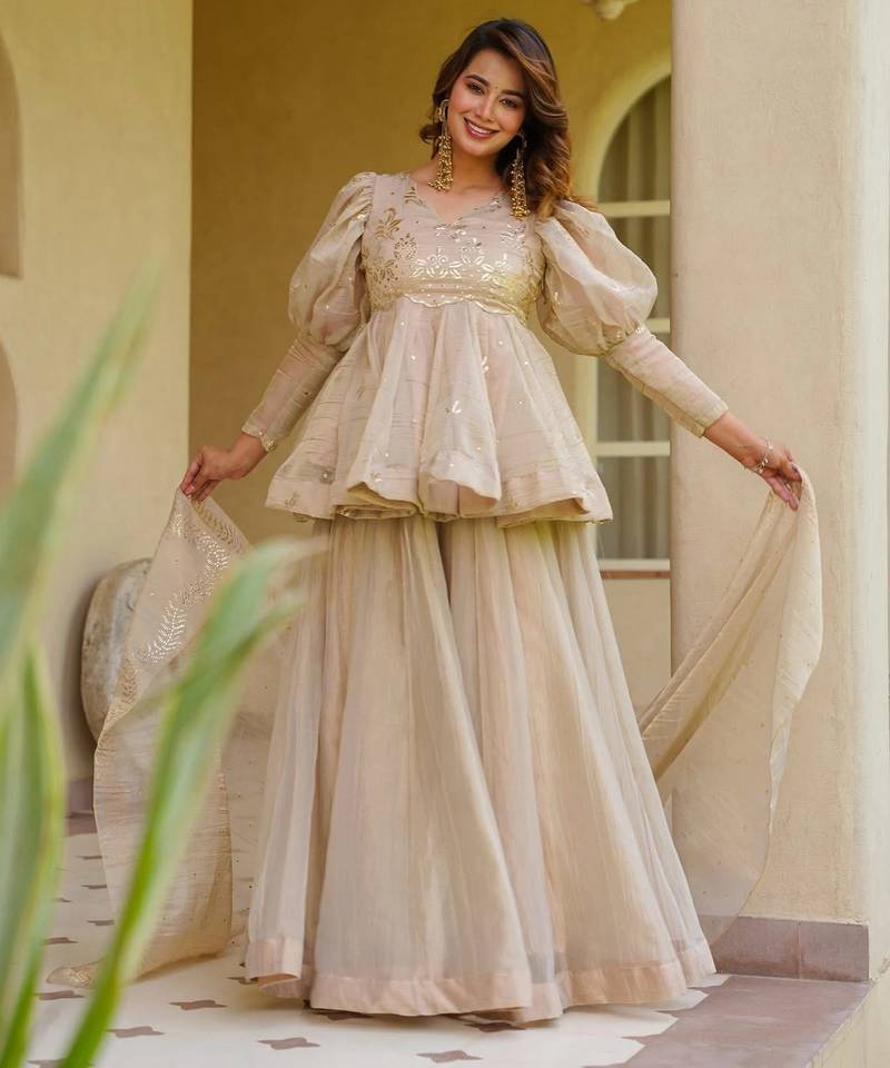 Cream color stylish crunchy fabric designer ready kurta set for girls