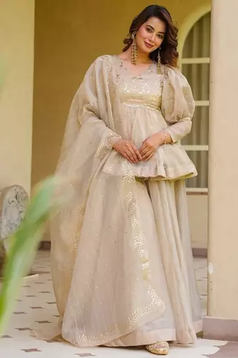 Cream color stylish crunchy fabric designer ready kurta set for girls