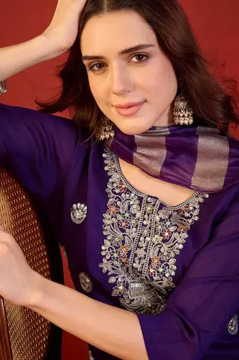 Violet color smart elegant vichitra fabric smart embroidered suit for festive wear