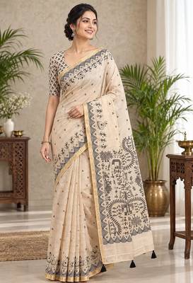 cotton blend saree with elegant printed design for festive & casual wear 1