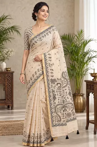 cotton blend saree with elegant printed design for festive & casual wear