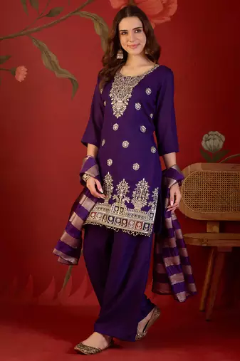 Violet color smart elegant vichitra fabric smart embroidered suit for festive wear