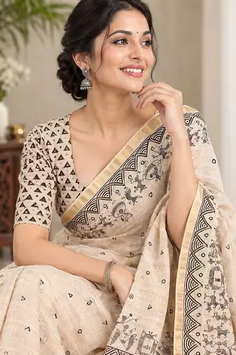 cotton blend saree with elegant printed design for festive & casual wear