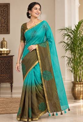 cotton blend saree with elegant printed design for festive & casual wear 1