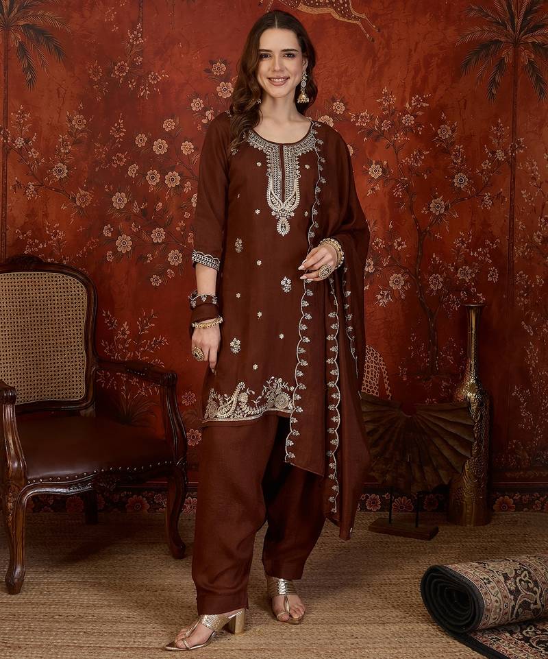 Coffee color smart elegant vichitra fabric smart embroidered suit for festive wear