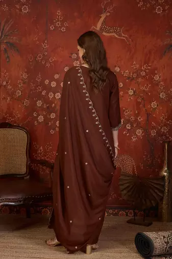 Coffee color smart elegant vichitra fabric smart embroidered suit for festive wear