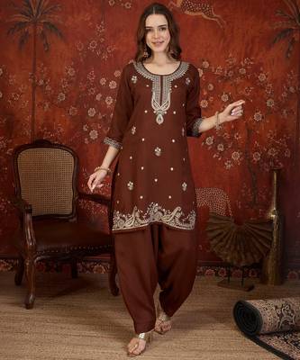 Coffee color smart elegant vichitra fabric smart embroidered suit for festive wear 5